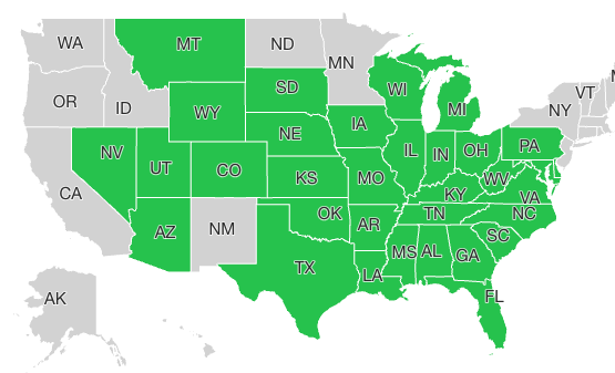 Map of United States highlighting licensed states